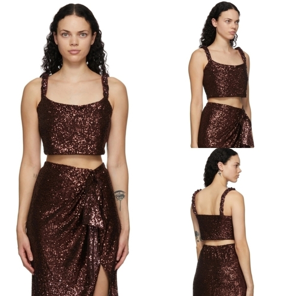 New Balmain Sequin Square Neckline Twisted Strap Brown Cropped Tank Top 12 US - Picture 1 of 17